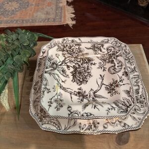 (Two) 222 Fifth Adelaide Silver Square Salad Plate 8.5” & 10” Bird Floral Toile